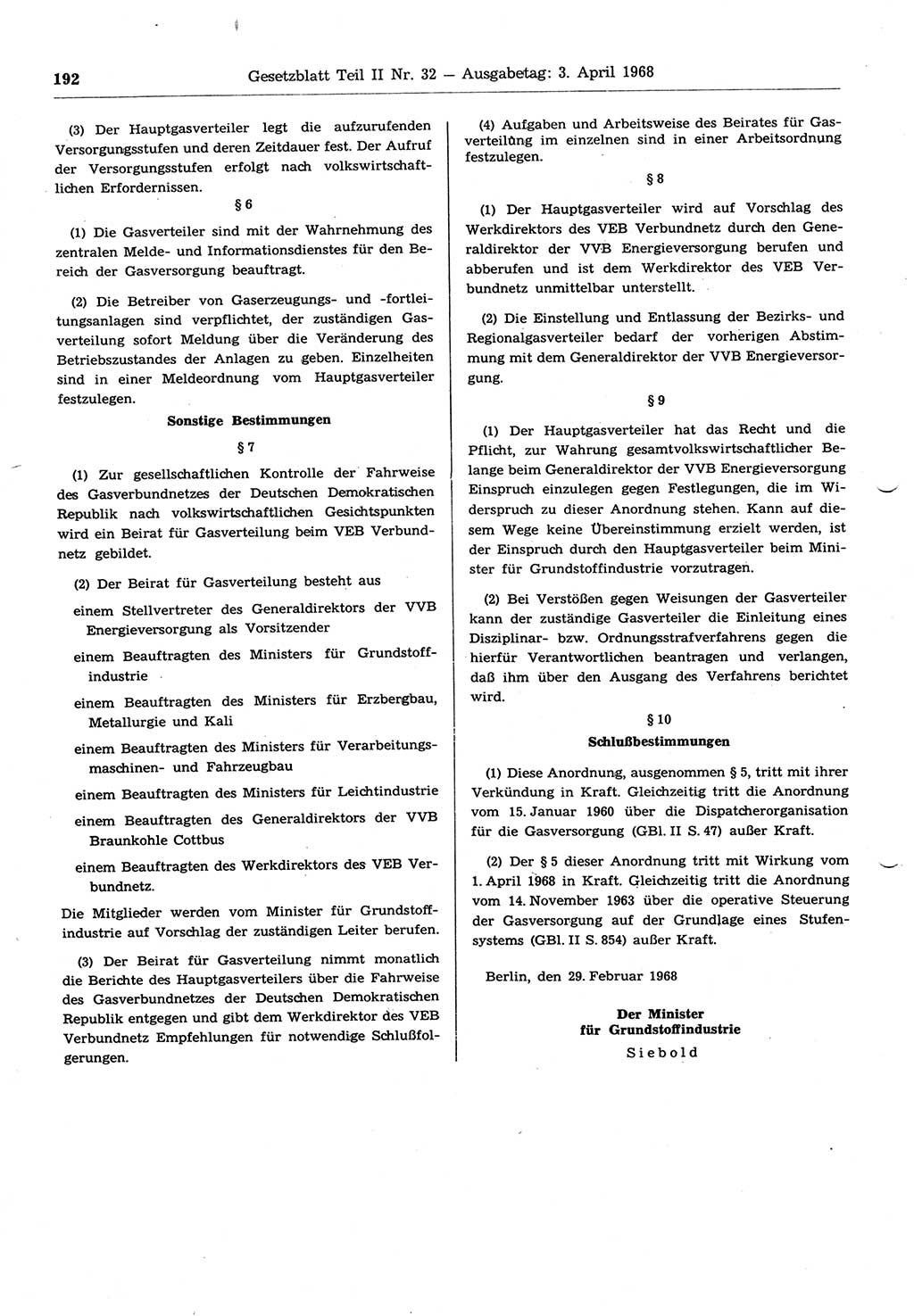 Gesetzblatt (GBl.) der Deutschen Demokratischen Republik (DDR) Teil ⅠⅠ 1968, Seite 192 (GBl. DDR ⅠⅠ 1968, S. 192)