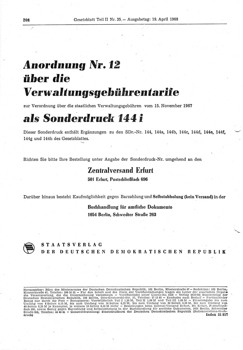 Gesetzblatt (GBl.) der Deutschen Demokratischen Republik (DDR) Teil ⅠⅠ 1968, Seite 208 (GBl. DDR ⅠⅠ 1968, S. 208)