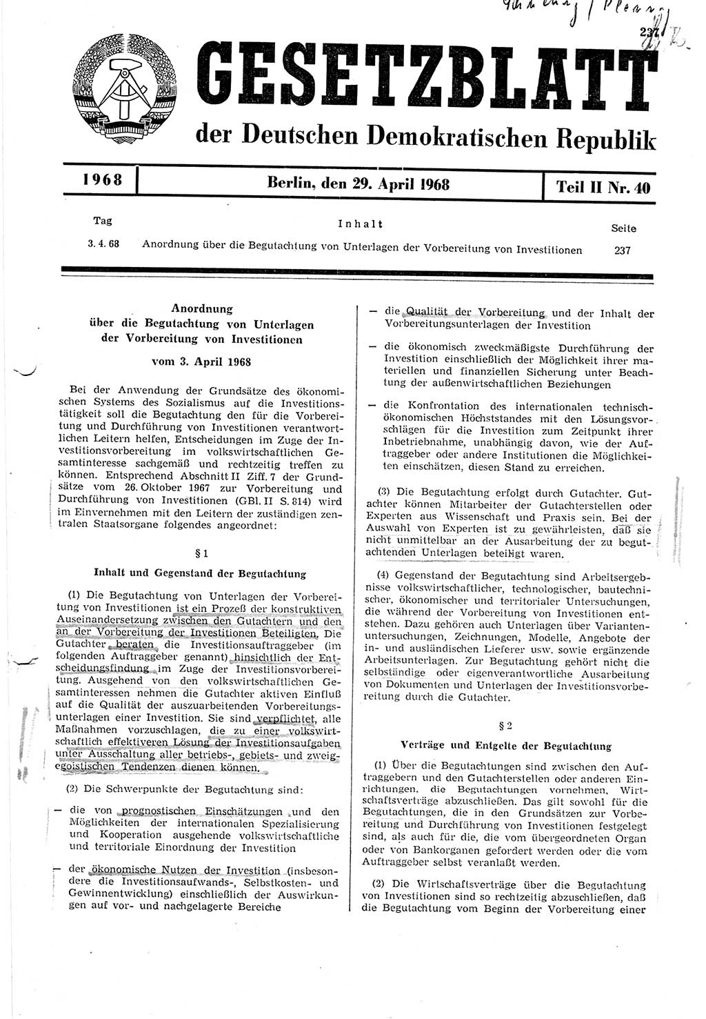 Gesetzblatt (GBl.) der Deutschen Demokratischen Republik (DDR) Teil ⅠⅠ 1968, Seite 237 (GBl. DDR ⅠⅠ 1968, S. 237)