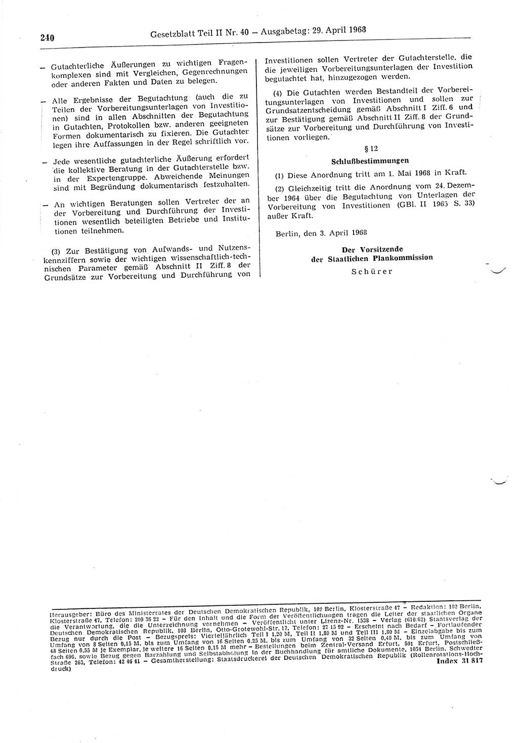 Gesetzblatt (GBl.) der Deutschen Demokratischen Republik (DDR) Teil ⅠⅠ 1968, Seite 240 (GBl. DDR ⅠⅠ 1968, S. 240)