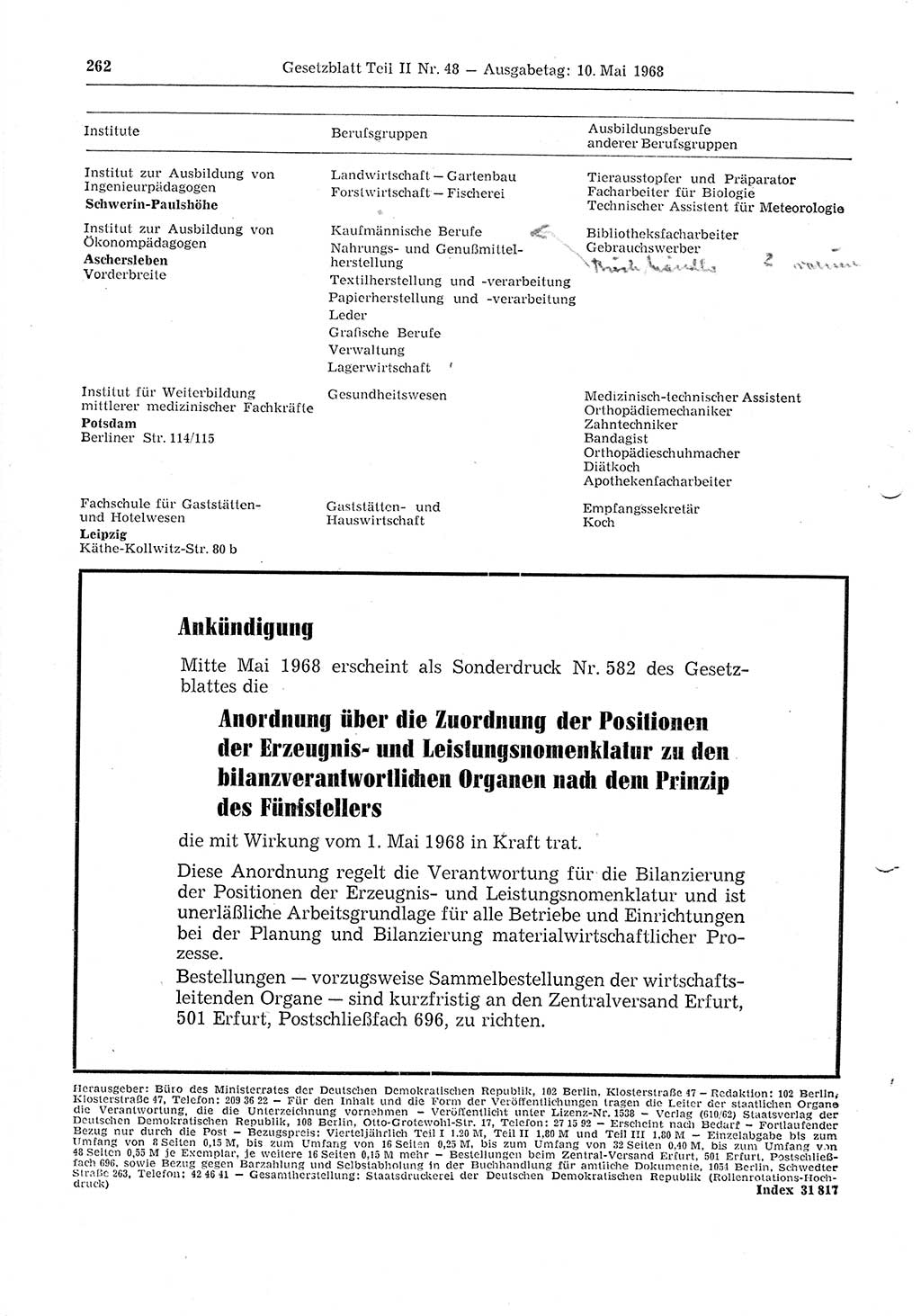 Gesetzblatt (GBl.) der Deutschen Demokratischen Republik (DDR) Teil ⅠⅠ 1968, Seite 262 (GBl. DDR ⅠⅠ 1968, S. 262)