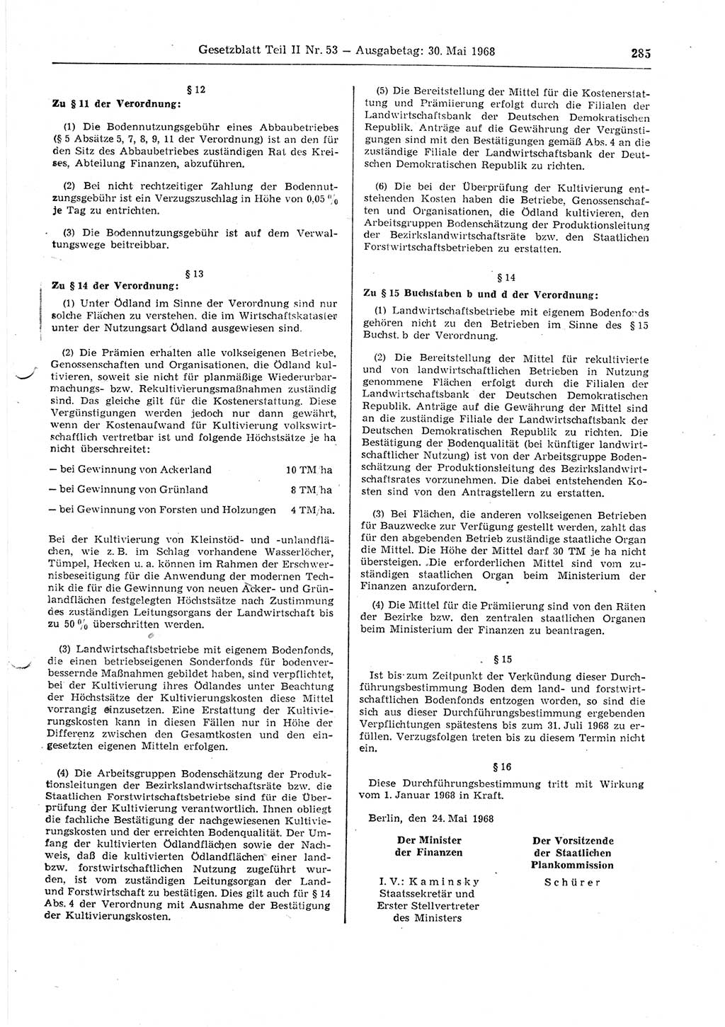 Gesetzblatt (GBl.) der Deutschen Demokratischen Republik (DDR) Teil ⅠⅠ 1968, Seite 285 (GBl. DDR ⅠⅠ 1968, S. 285)