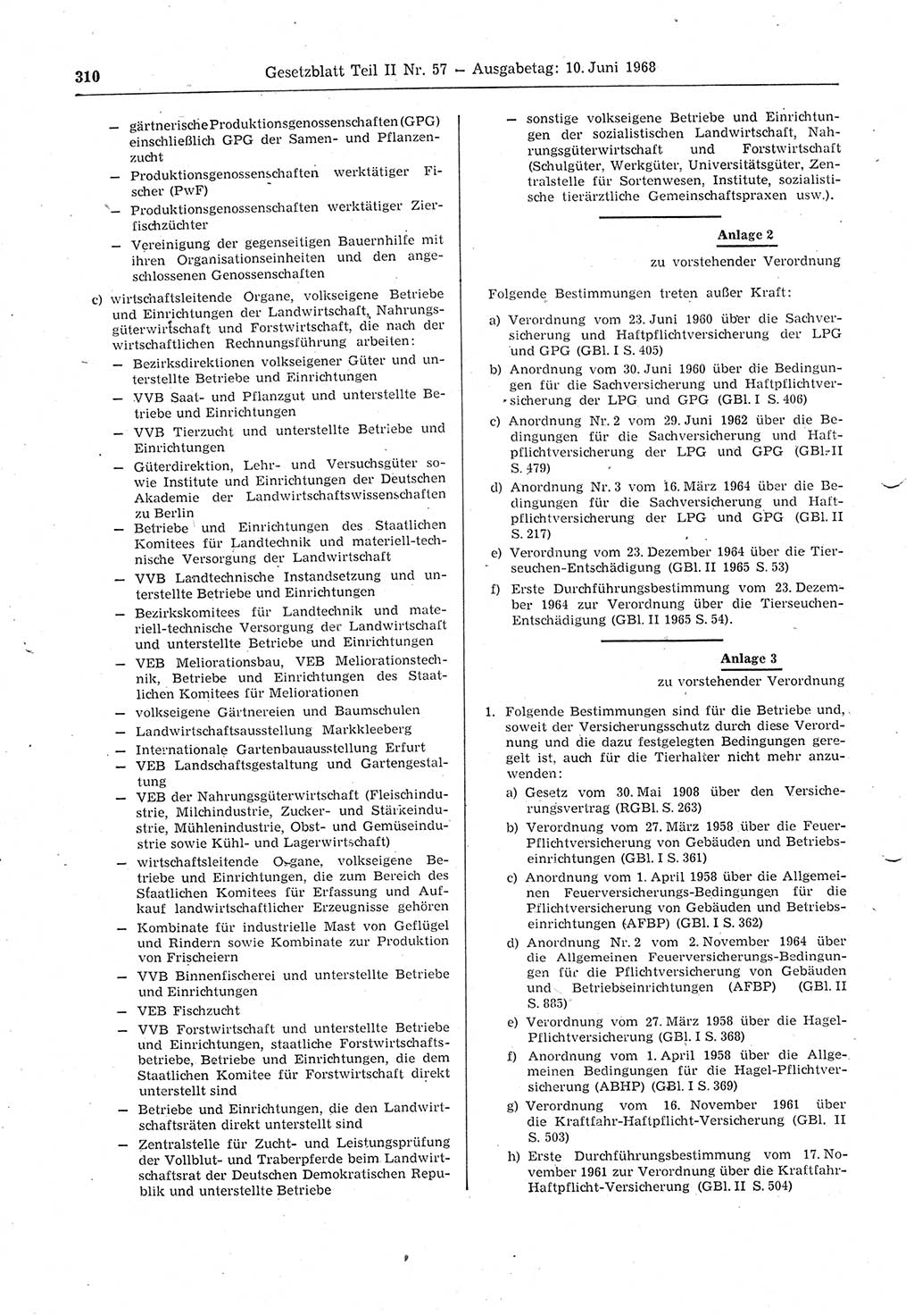 Gesetzblatt (GBl.) der Deutschen Demokratischen Republik (DDR) Teil ⅠⅠ 1968, Seite 310 (GBl. DDR ⅠⅠ 1968, S. 310)