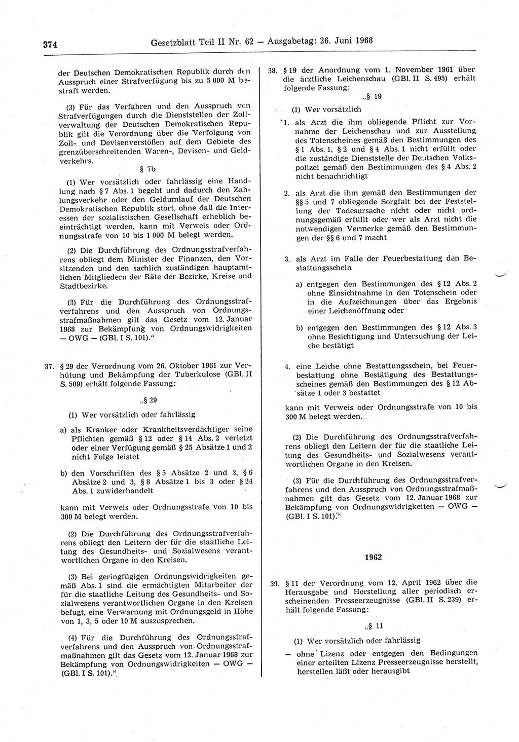 Gesetzblatt (GBl.) der Deutschen Demokratischen Republik (DDR) Teil ⅠⅠ 1968, Seite 374 (GBl. DDR ⅠⅠ 1968, S. 374)