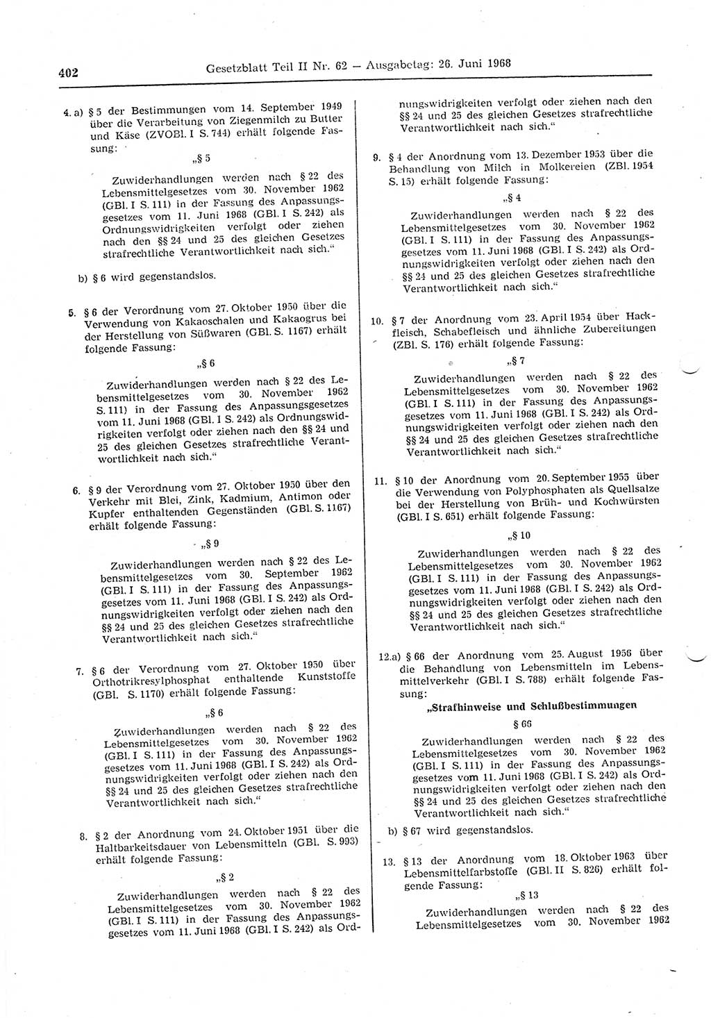 Gesetzblatt (GBl.) der Deutschen Demokratischen Republik (DDR) Teil ⅠⅠ 1968, Seite 402 (GBl. DDR ⅠⅠ 1968, S. 402)