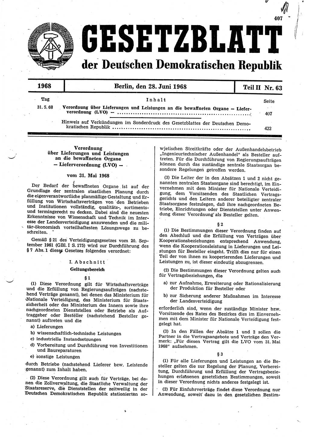 Gesetzblatt (GBl.) der Deutschen Demokratischen Republik (DDR) Teil ⅠⅠ 1968, Seite 407 (GBl. DDR ⅠⅠ 1968, S. 407)