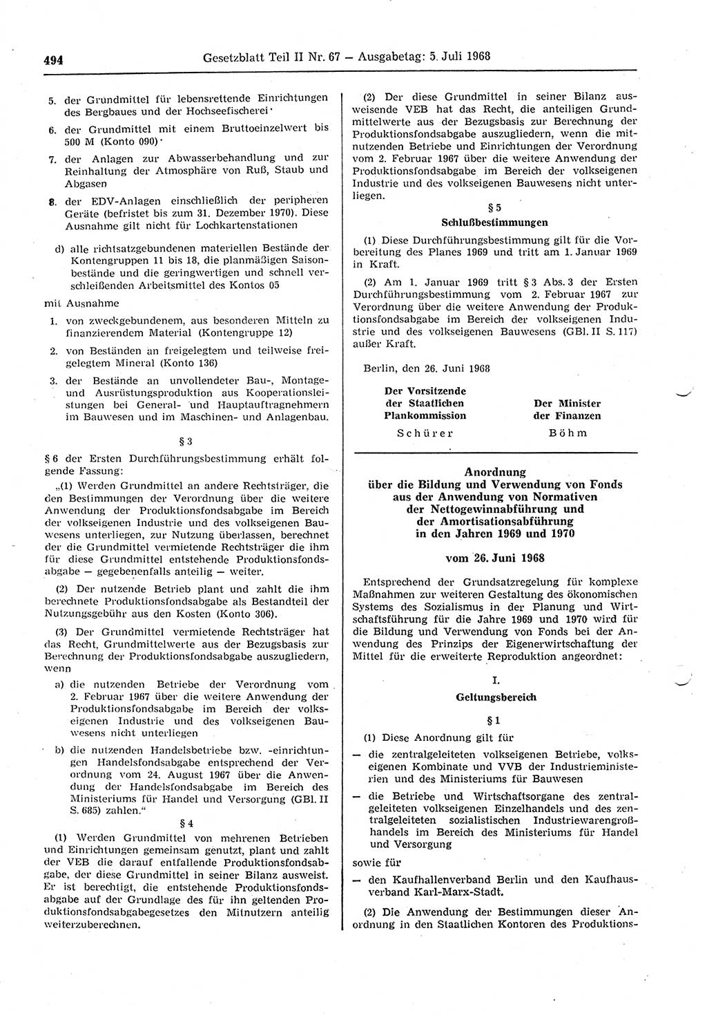 Gesetzblatt (GBl.) der Deutschen Demokratischen Republik (DDR) Teil ⅠⅠ 1968, Seite 494 (GBl. DDR ⅠⅠ 1968, S. 494)