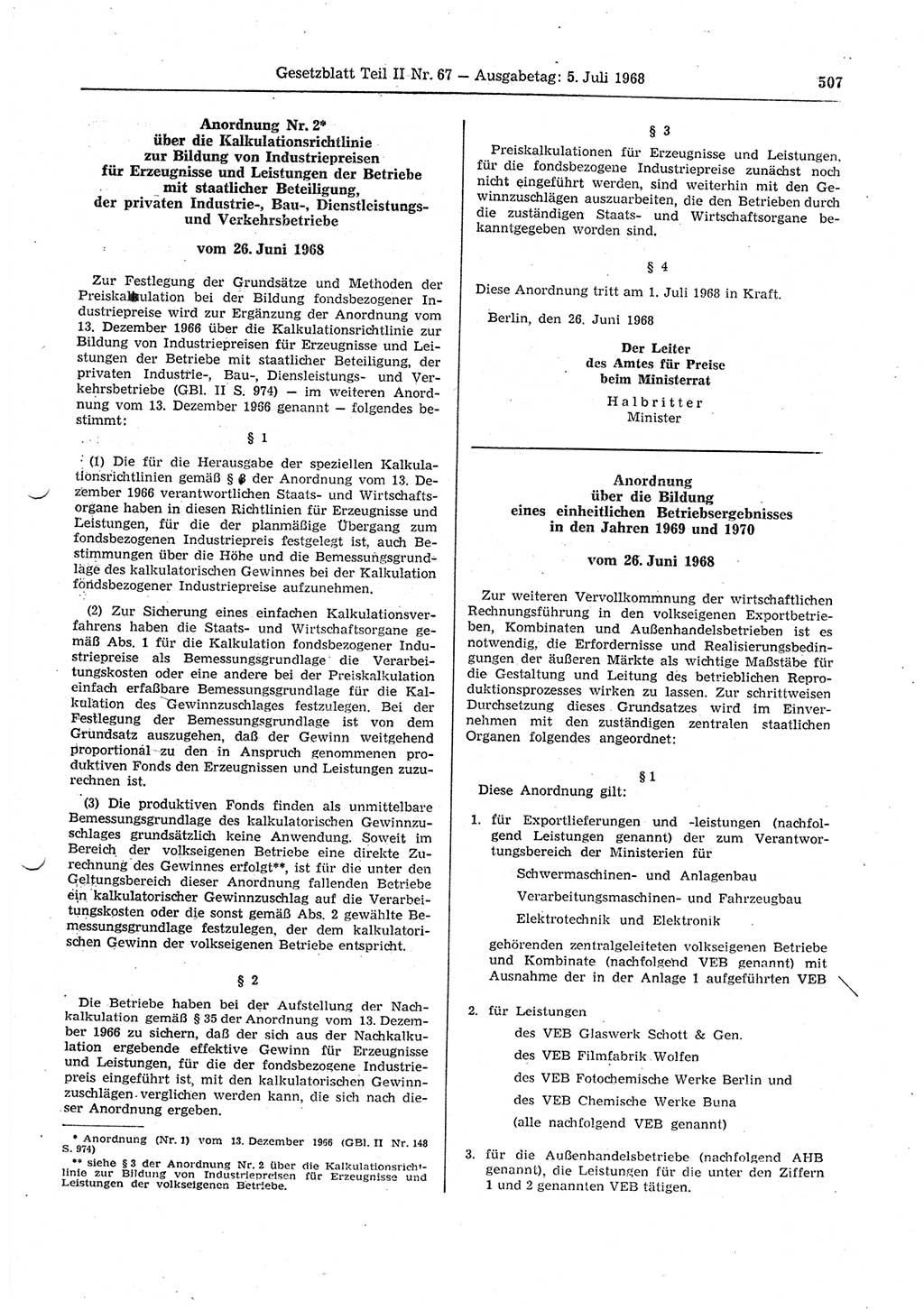 Gesetzblatt (GBl.) der Deutschen Demokratischen Republik (DDR) Teil ⅠⅠ 1968, Seite 507 (GBl. DDR ⅠⅠ 1968, S. 507)