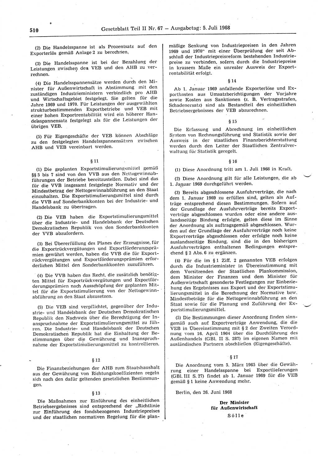 Gesetzblatt (GBl.) der Deutschen Demokratischen Republik (DDR) Teil ⅠⅠ 1968, Seite 510 (GBl. DDR ⅠⅠ 1968, S. 510)