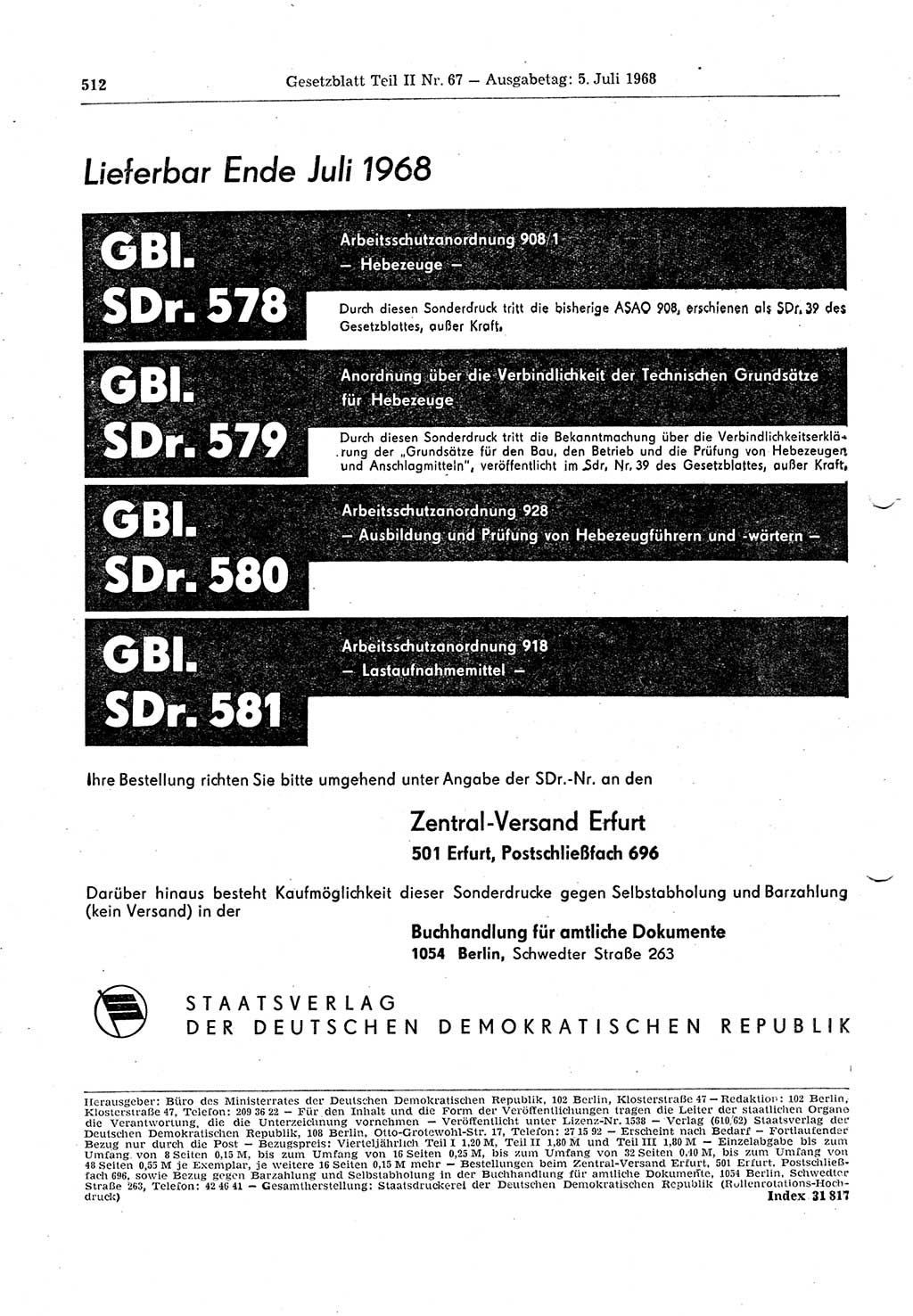 Gesetzblatt (GBl.) der Deutschen Demokratischen Republik (DDR) Teil ⅠⅠ 1968, Seite 512 (GBl. DDR ⅠⅠ 1968, S. 512)
