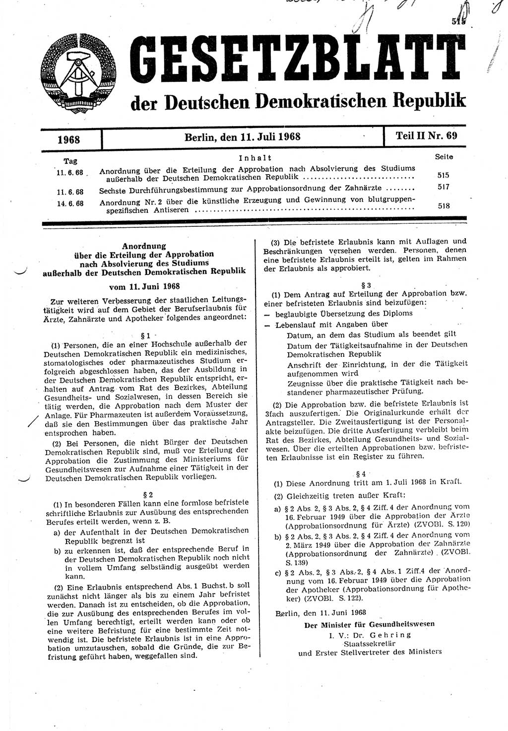 Gesetzblatt (GBl.) der Deutschen Demokratischen Republik (DDR) Teil ⅠⅠ 1968, Seite 515 (GBl. DDR ⅠⅠ 1968, S. 515)