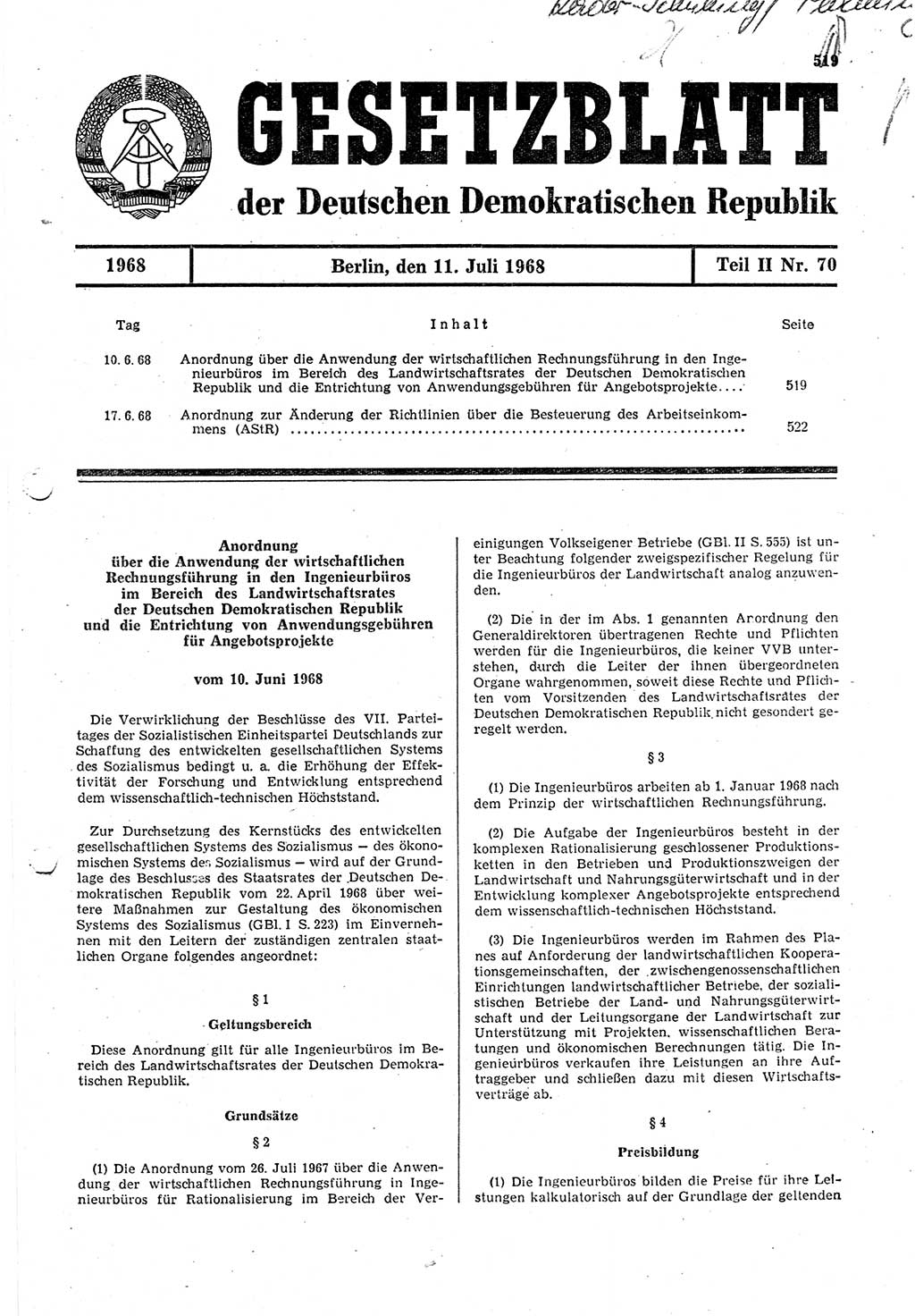 Gesetzblatt (GBl.) der Deutschen Demokratischen Republik (DDR) Teil ⅠⅠ 1968, Seite 519 (GBl. DDR ⅠⅠ 1968, S. 519)