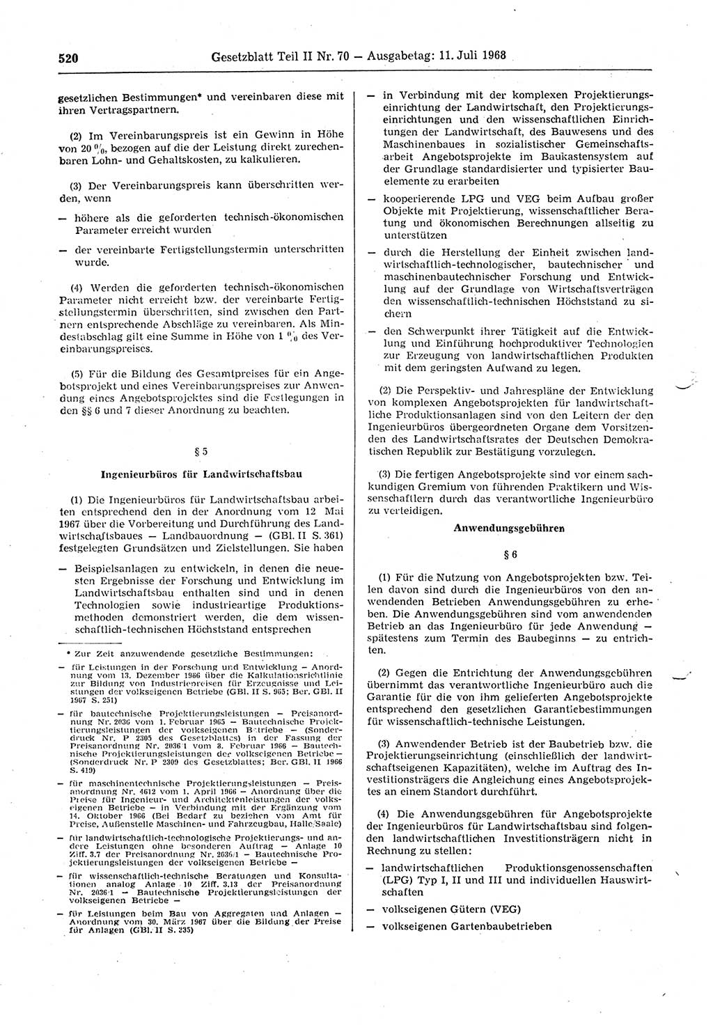 Gesetzblatt (GBl.) der Deutschen Demokratischen Republik (DDR) Teil ⅠⅠ 1968, Seite 520 (GBl. DDR ⅠⅠ 1968, S. 520)