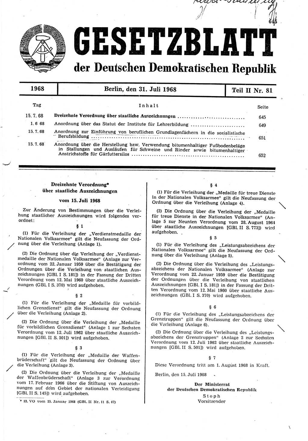 Gesetzblatt (GBl.) der Deutschen Demokratischen Republik (DDR) Teil ⅠⅠ 1968, Seite 645 (GBl. DDR ⅠⅠ 1968, S. 645)