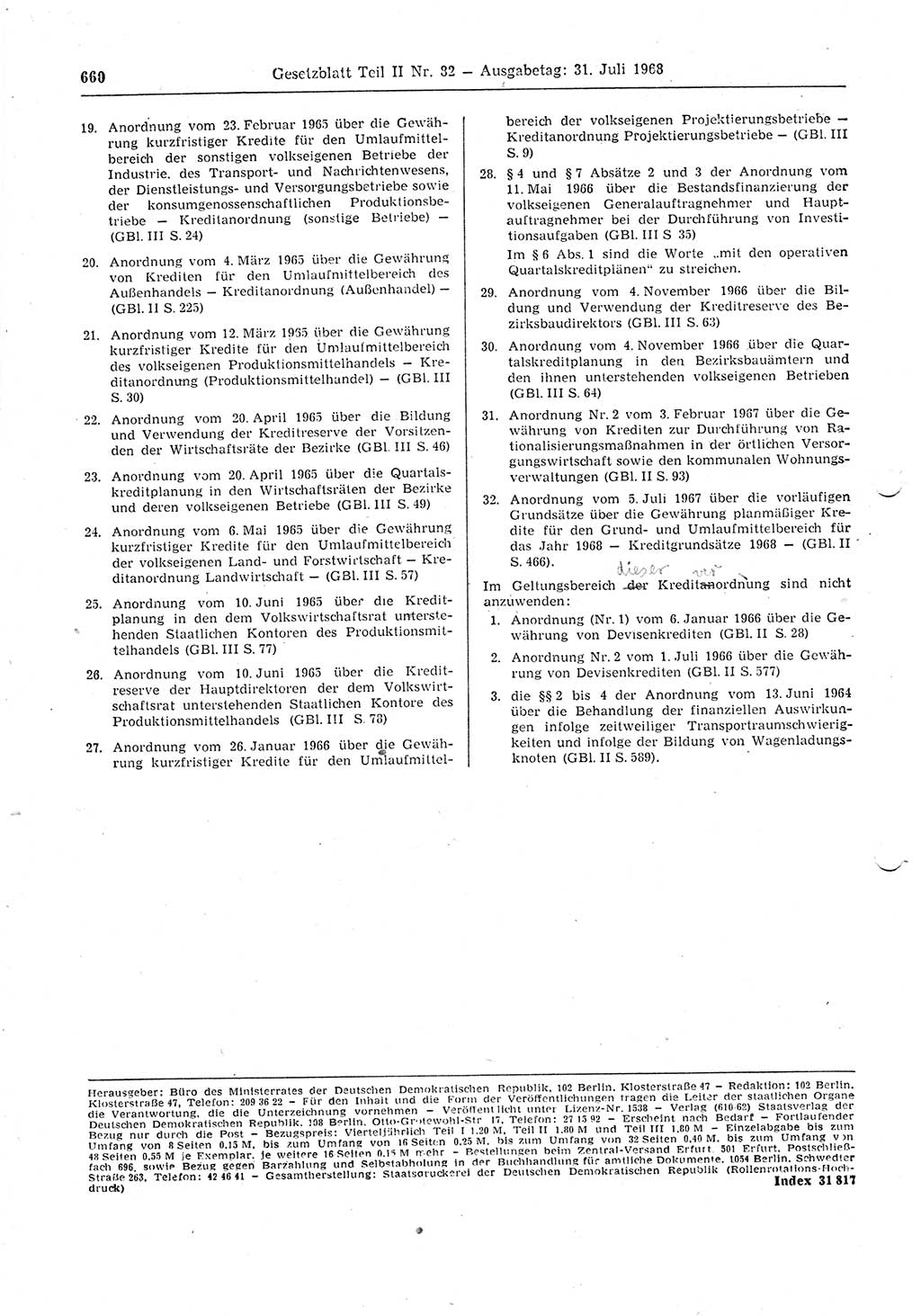 Gesetzblatt (GBl.) der Deutschen Demokratischen Republik (DDR) Teil ⅠⅠ 1968, Seite 660 (GBl. DDR ⅠⅠ 1968, S. 660)