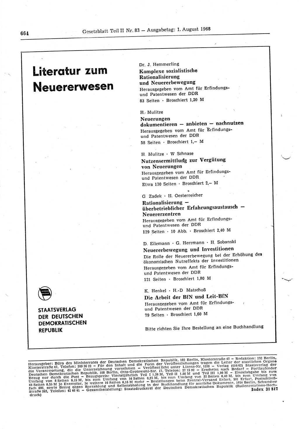 Gesetzblatt (GBl.) der Deutschen Demokratischen Republik (DDR) Teil ⅠⅠ 1968, Seite 664 (GBl. DDR ⅠⅠ 1968, S. 664)