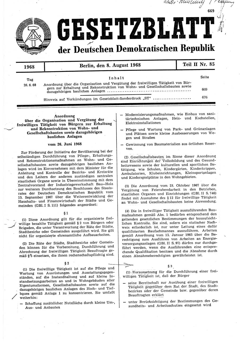 Gesetzblatt (GBl.) der Deutschen Demokratischen Republik (DDR) Teil ⅠⅠ 1968, Seite 669 (GBl. DDR ⅠⅠ 1968, S. 669)