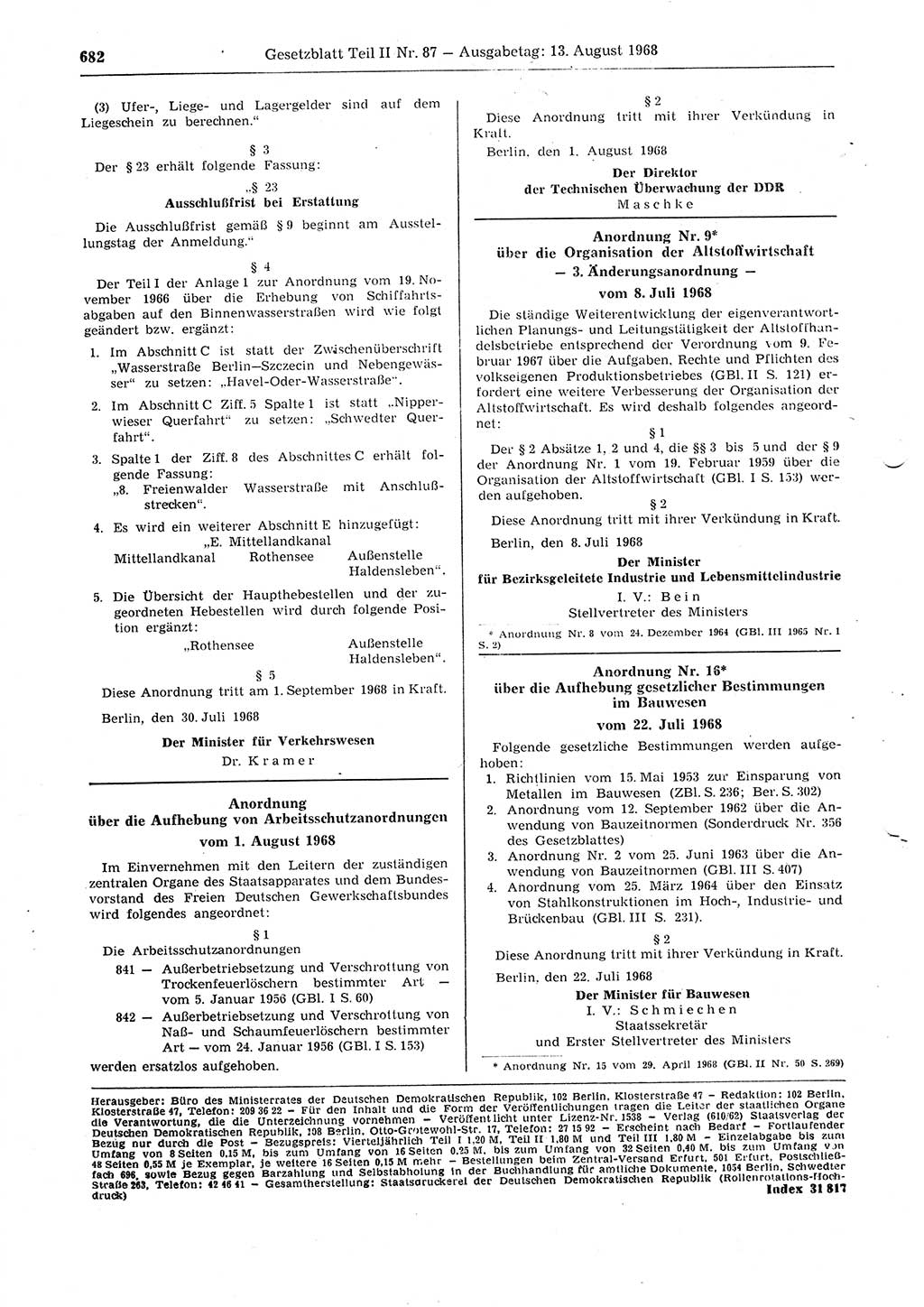 Gesetzblatt (GBl.) der Deutschen Demokratischen Republik (DDR) Teil ⅠⅠ 1968, Seite 682 (GBl. DDR ⅠⅠ 1968, S. 682)