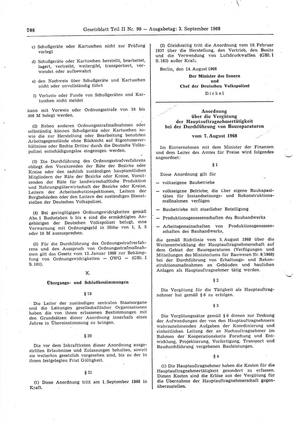 Gesetzblatt (GBl.) der Deutschen Demokratischen Republik (DDR) Teil ⅠⅠ 1968, Seite 708 (GBl. DDR ⅠⅠ 1968, S. 708)