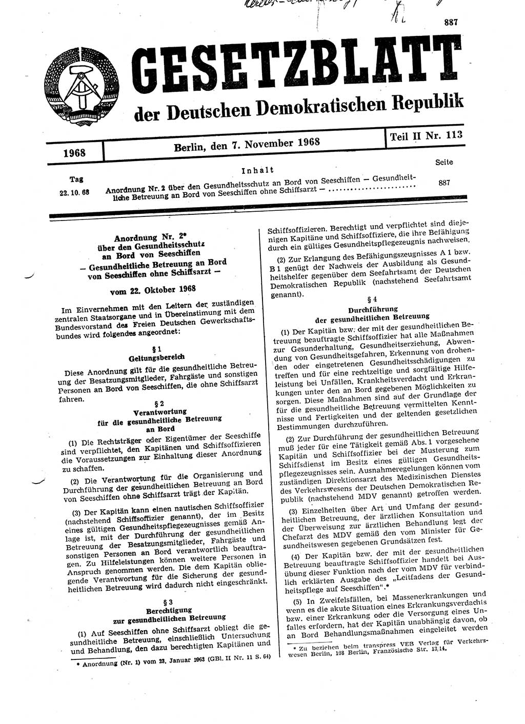 Gesetzblatt (GBl.) der Deutschen Demokratischen Republik (DDR) Teil ⅠⅠ 1968, Seite 887 (GBl. DDR ⅠⅠ 1968, S. 887)