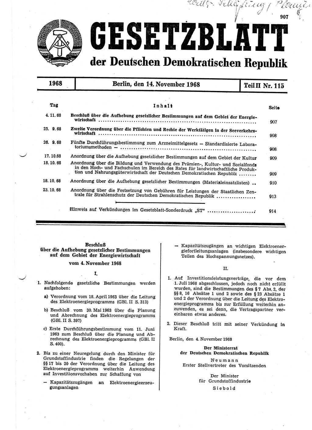 Gesetzblatt (GBl.) der Deutschen Demokratischen Republik (DDR) Teil ⅠⅠ 1968, Seite 907 (GBl. DDR ⅠⅠ 1968, S. 907)