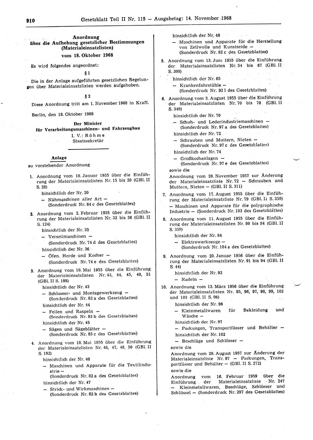 Gesetzblatt (GBl.) der Deutschen Demokratischen Republik (DDR) Teil ⅠⅠ 1968, Seite 910 (GBl. DDR ⅠⅠ 1968, S. 910)