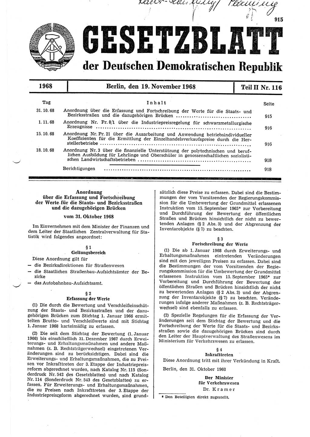 Gesetzblatt (GBl.) der Deutschen Demokratischen Republik (DDR) Teil ⅠⅠ 1968, Seite 915 (GBl. DDR ⅠⅠ 1968, S. 915)