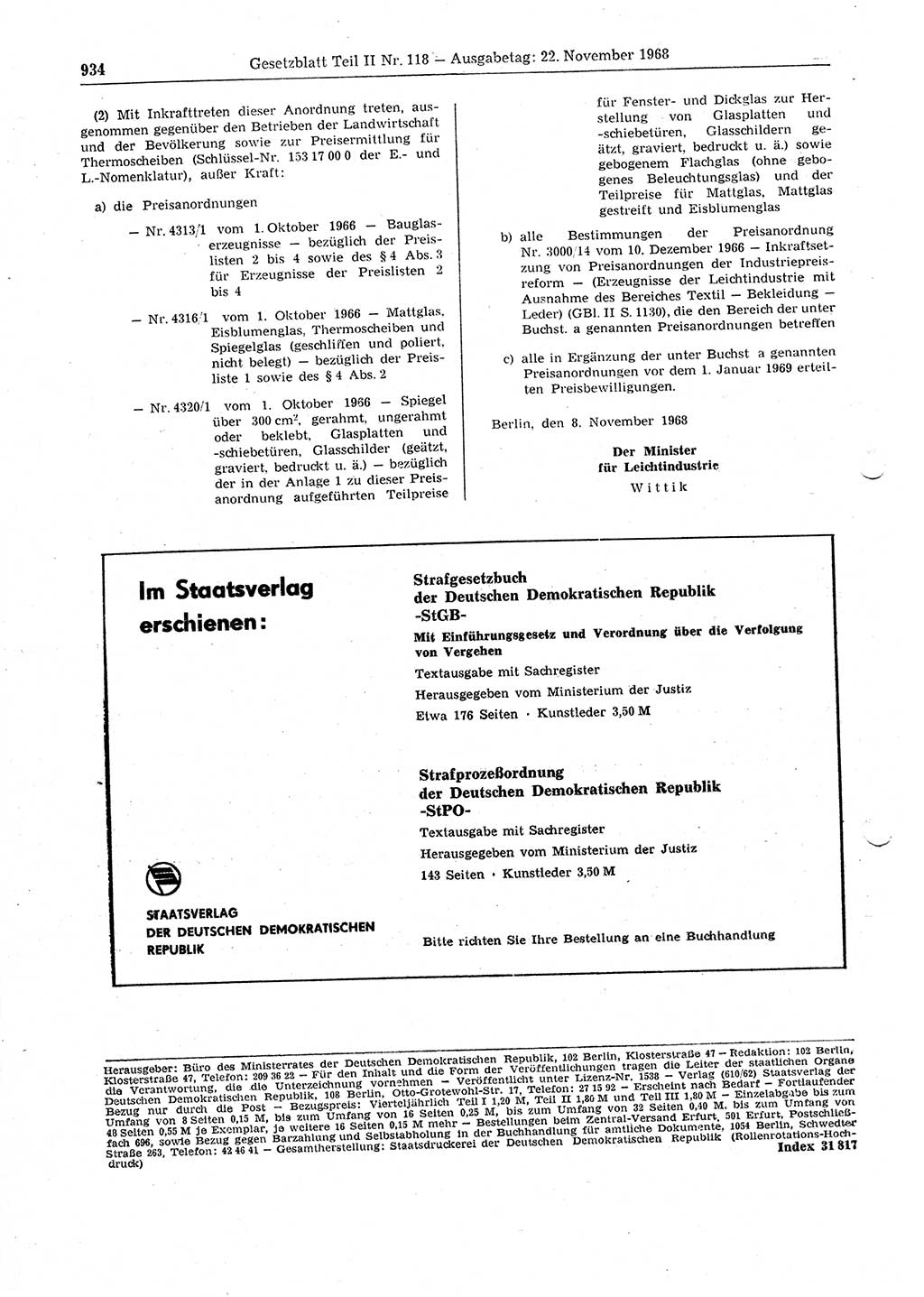 Gesetzblatt (GBl.) der Deutschen Demokratischen Republik (DDR) Teil ⅠⅠ 1968, Seite 934 (GBl. DDR ⅠⅠ 1968, S. 934)