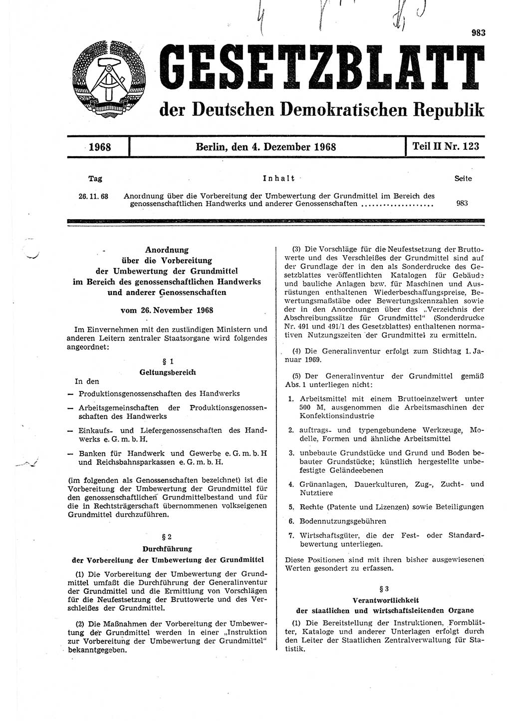 Gesetzblatt (GBl.) der Deutschen Demokratischen Republik (DDR) Teil ⅠⅠ 1968, Seite 983 (GBl. DDR ⅠⅠ 1968, S. 983)