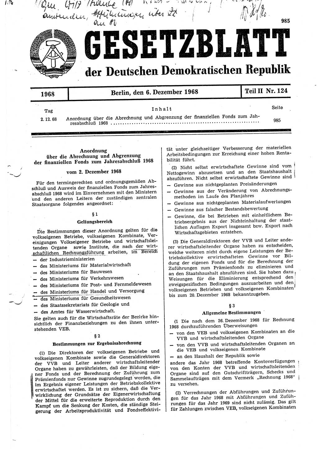 Gesetzblatt (GBl.) der Deutschen Demokratischen Republik (DDR) Teil ⅠⅠ 1968, Seite 985 (GBl. DDR ⅠⅠ 1968, S. 985)