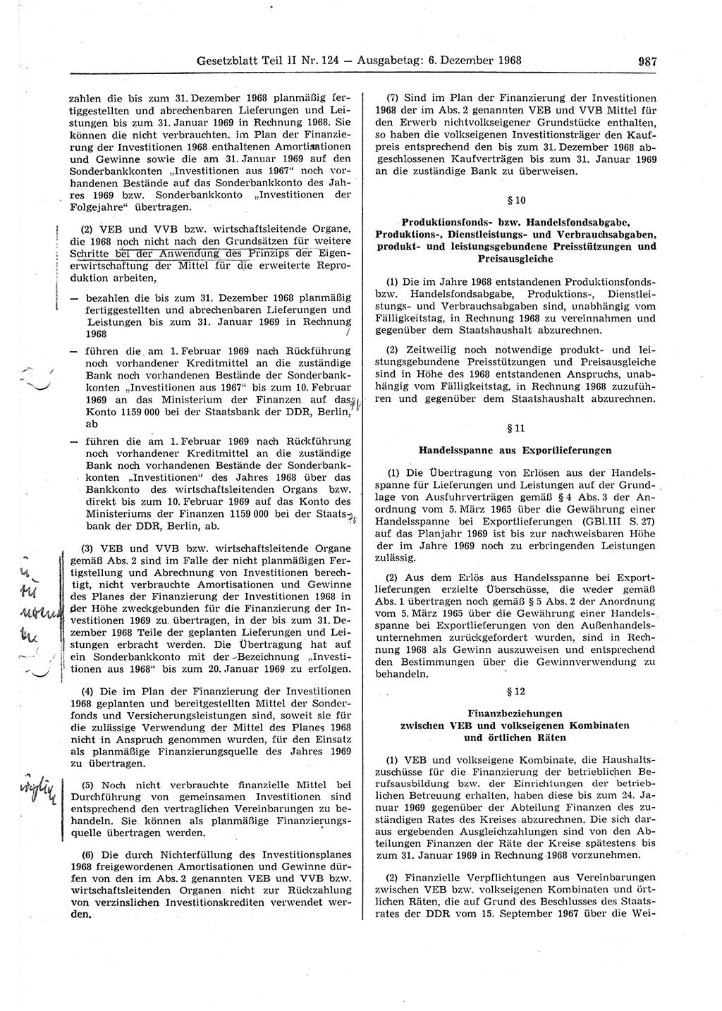 Gesetzblatt (GBl.) der Deutschen Demokratischen Republik (DDR) Teil ⅠⅠ 1968, Seite 987 (GBl. DDR ⅠⅠ 1968, S. 987)