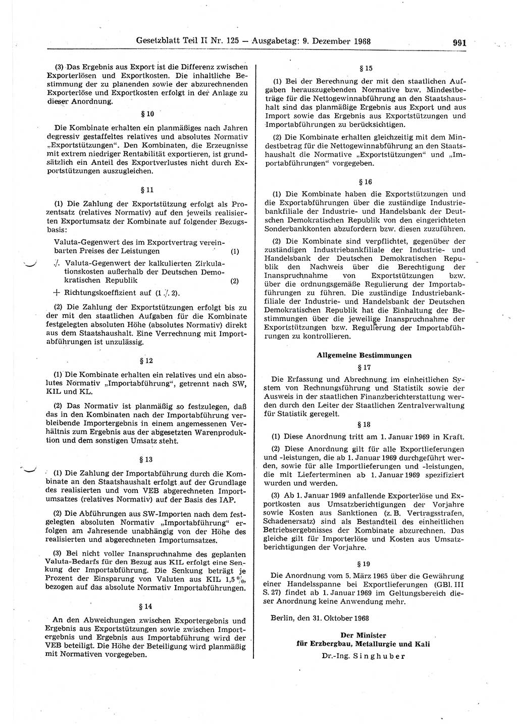 Gesetzblatt (GBl.) der Deutschen Demokratischen Republik (DDR) Teil ⅠⅠ 1968, Seite 991 (GBl. DDR ⅠⅠ 1968, S. 991)