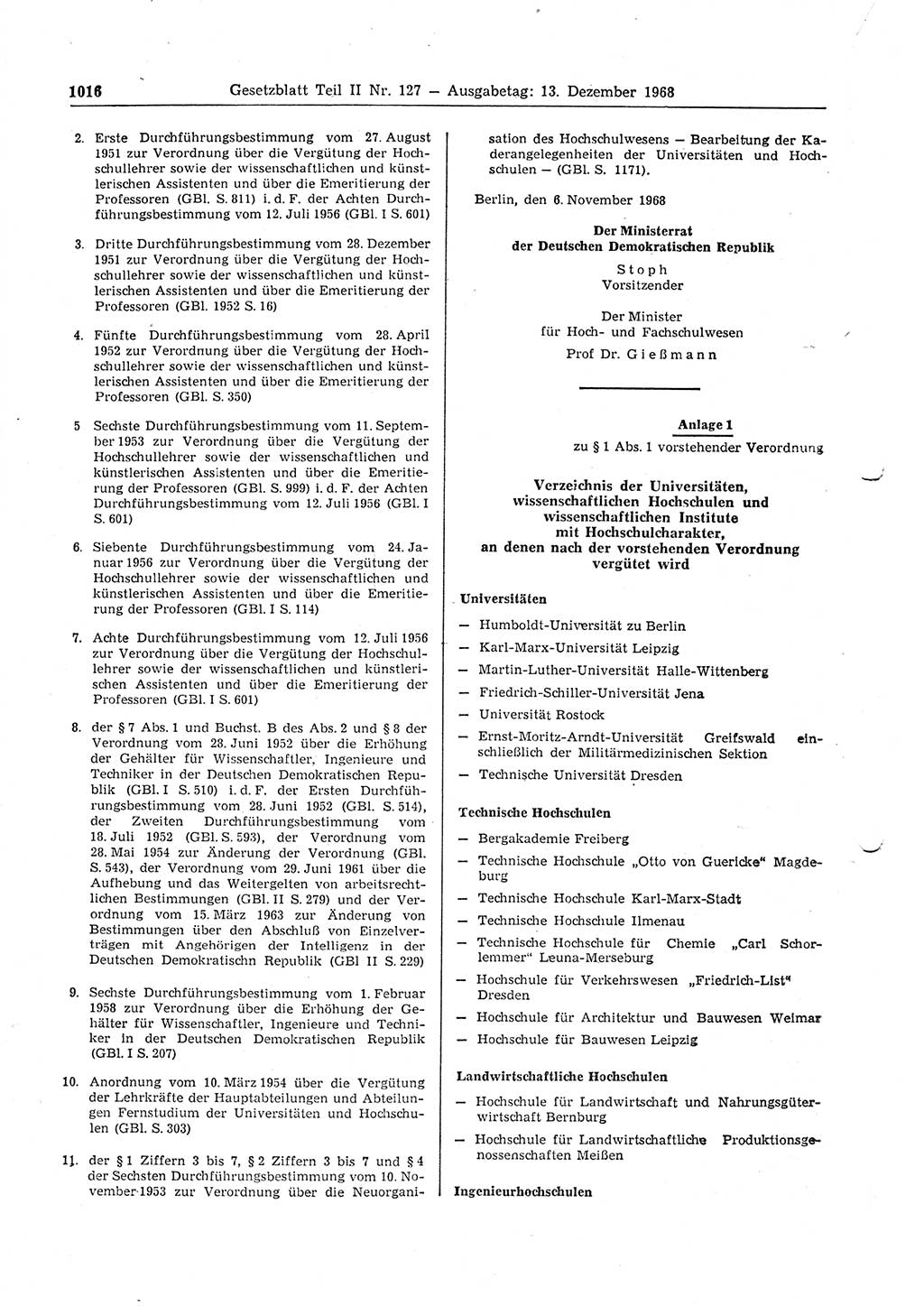 Gesetzblatt (GBl.) der Deutschen Demokratischen Republik (DDR) Teil ⅠⅠ 1968, Seite 1016 (GBl. DDR ⅠⅠ 1968, S. 1016)