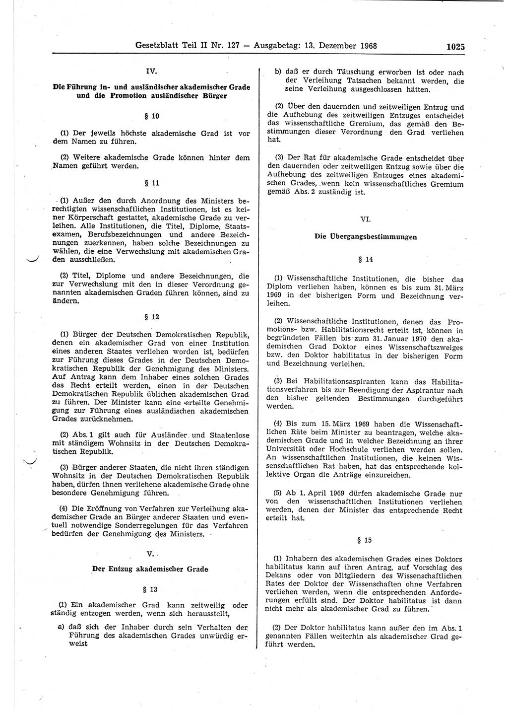 Gesetzblatt (GBl.) der Deutschen Demokratischen Republik (DDR) Teil ⅠⅠ 1968, Seite 1025 (GBl. DDR ⅠⅠ 1968, S. 1025)