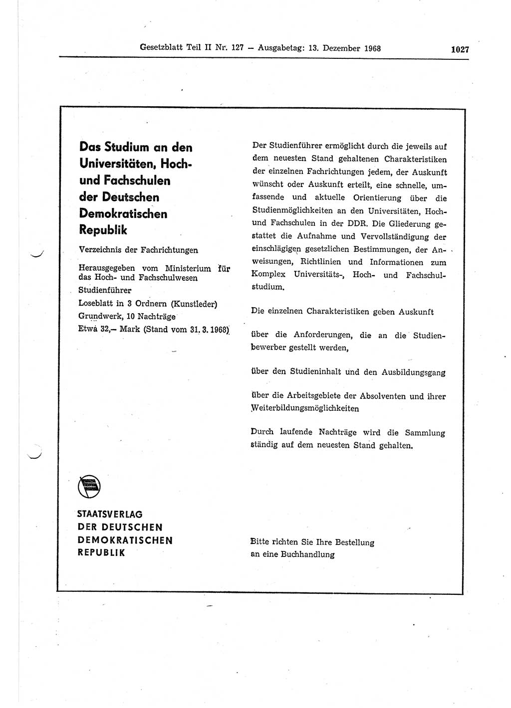 Gesetzblatt (GBl.) der Deutschen Demokratischen Republik (DDR) Teil ⅠⅠ 1968, Seite 1027 (GBl. DDR ⅠⅠ 1968, S. 1027)