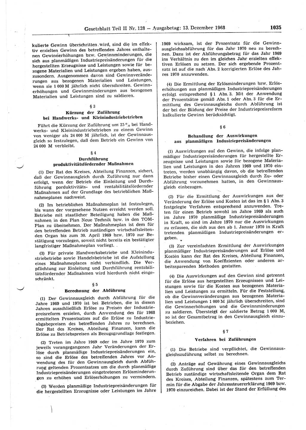 Gesetzblatt (GBl.) der Deutschen Demokratischen Republik (DDR) Teil ⅠⅠ 1968, Seite 1035 (GBl. DDR ⅠⅠ 1968, S. 1035)