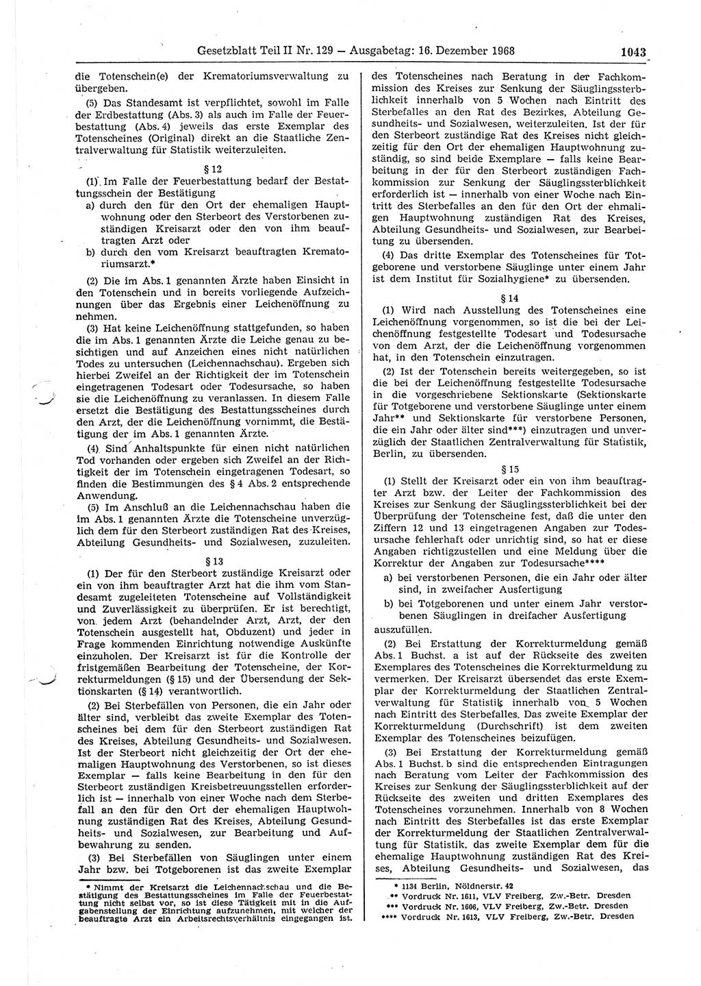 Gesetzblatt (GBl.) der Deutschen Demokratischen Republik (DDR) Teil ⅠⅠ 1968, Seite 1043 (GBl. DDR ⅠⅠ 1968, S. 1043)