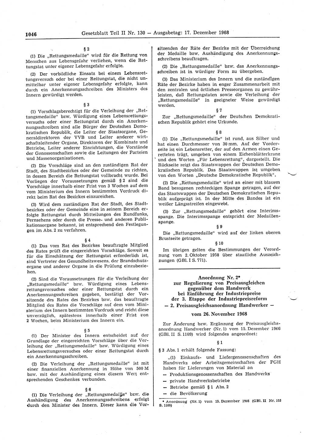 Gesetzblatt (GBl.) der Deutschen Demokratischen Republik (DDR) Teil ⅠⅠ 1968, Seite 1046 (GBl. DDR ⅠⅠ 1968, S. 1046)