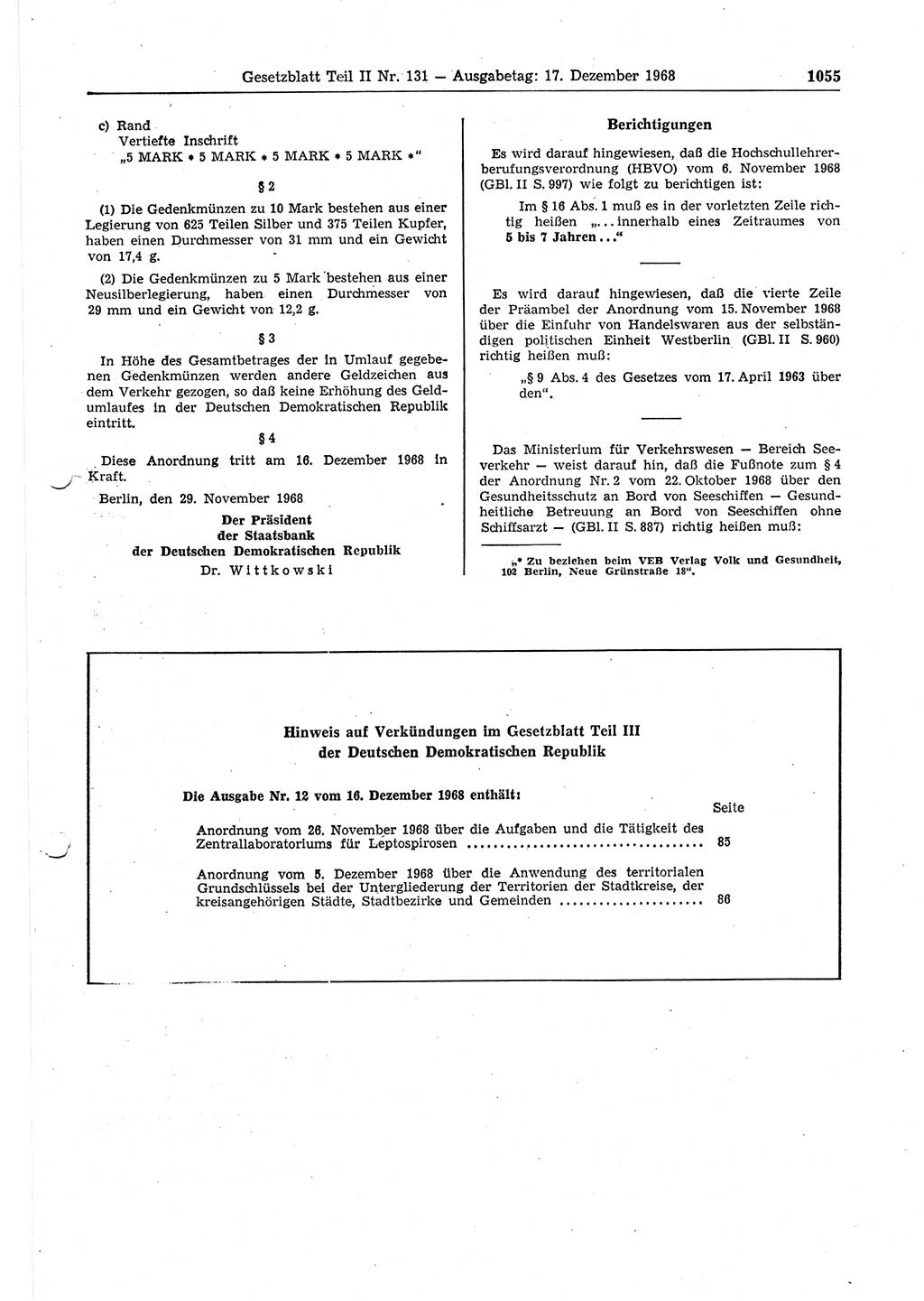 Gesetzblatt (GBl.) der Deutschen Demokratischen Republik (DDR) Teil ⅠⅠ 1968, Seite 1055 (GBl. DDR ⅠⅠ 1968, S. 1055)