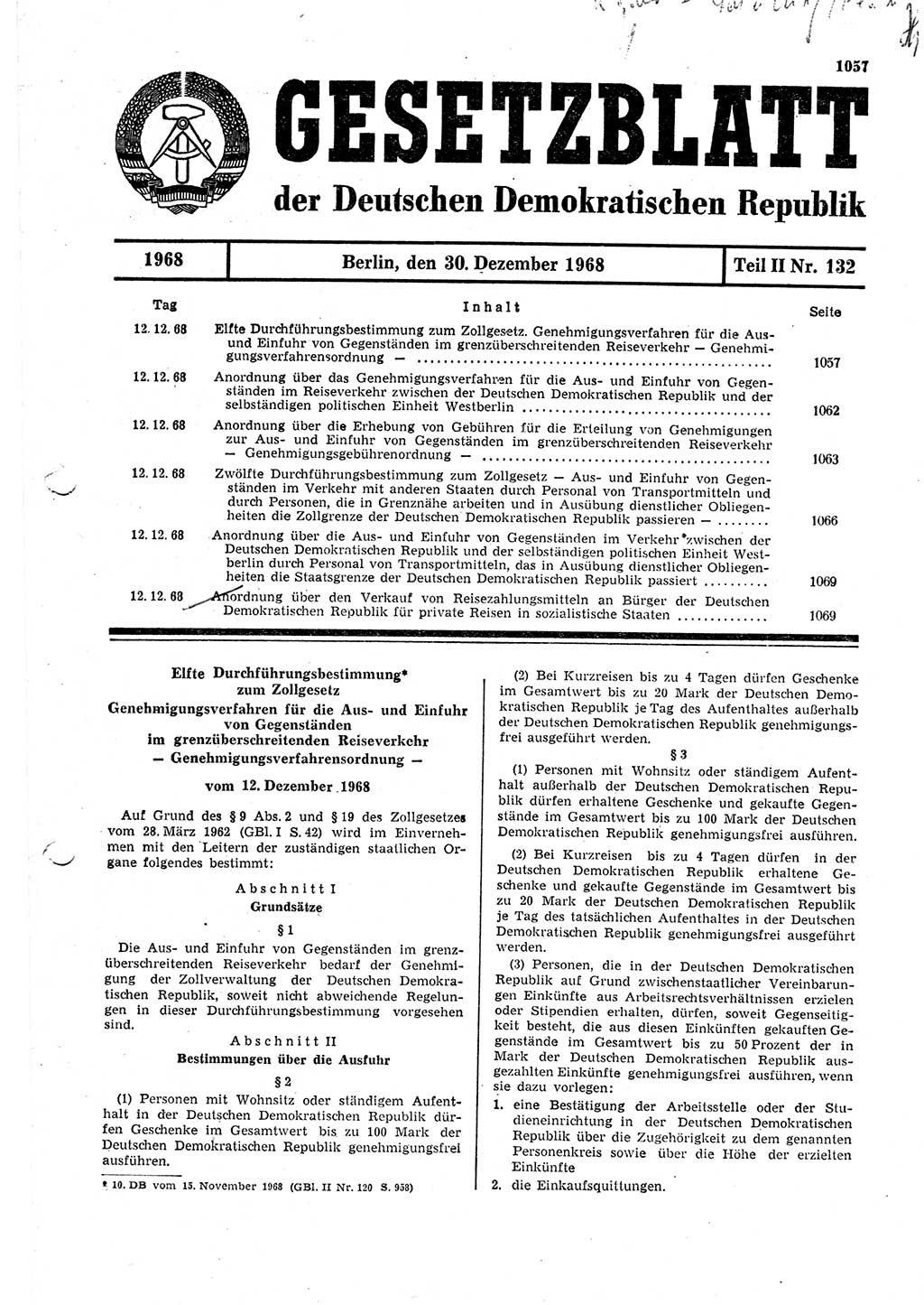 Gesetzblatt (GBl.) der Deutschen Demokratischen Republik (DDR) Teil ⅠⅠ 1968, Seite 1057 (GBl. DDR ⅠⅠ 1968, S. 1057)