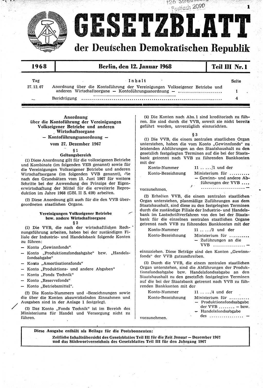 Gesetzblatt (GBl.) der Deutschen Demokratischen Republik (DDR) Teil ⅠⅠⅠ 1968, Seite 1 (GBl. DDR ⅠⅠⅠ 1968, S. 1)