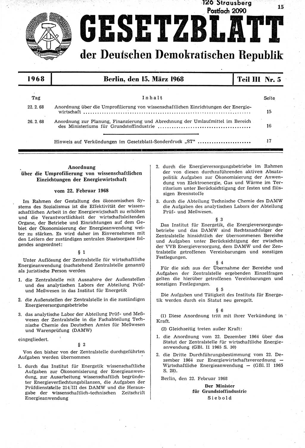 Gesetzblatt (GBl.) der Deutschen Demokratischen Republik (DDR) Teil ⅠⅠⅠ 1968, Seite 15 (GBl. DDR ⅠⅠⅠ 1968, S. 15)