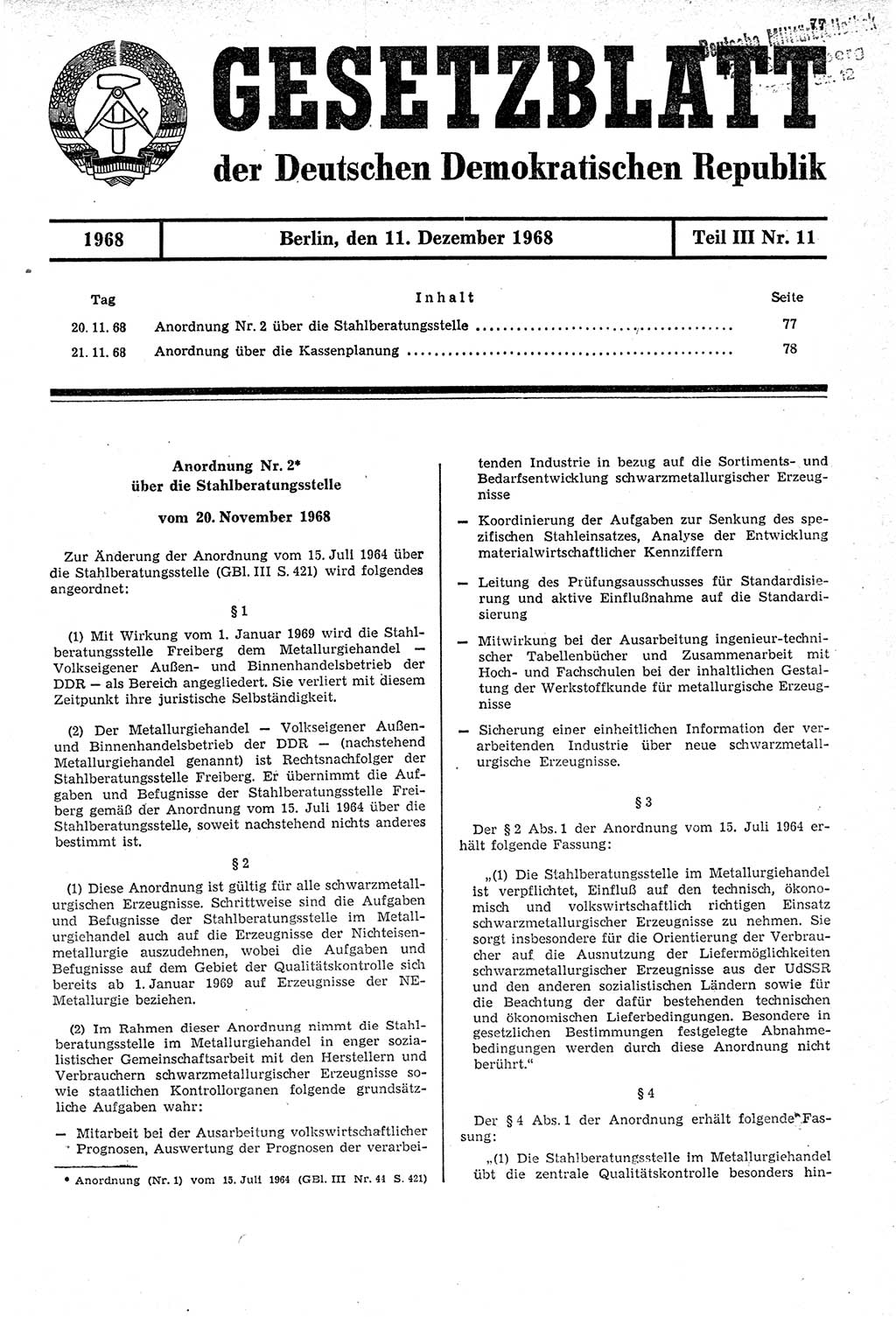 Gesetzblatt (GBl.) der Deutschen Demokratischen Republik (DDR) Teil ⅠⅠⅠ 1968, Seite 77 (GBl. DDR ⅠⅠⅠ 1968, S. 77)