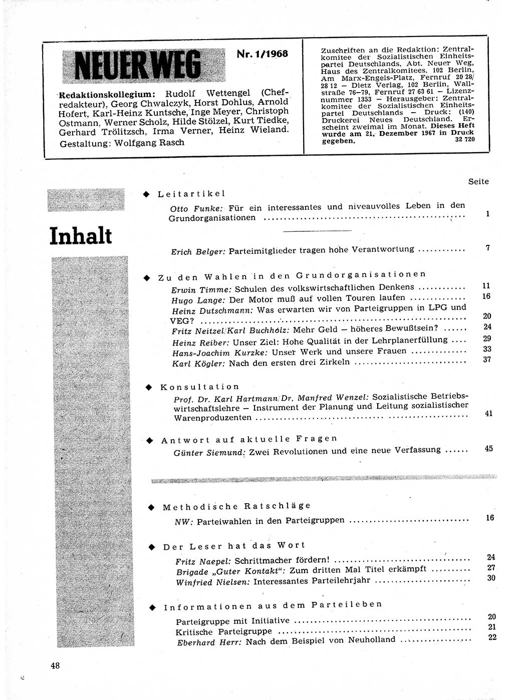 Neuer Weg (NW), Organ des Zentralkomitees (ZK) der SED (Sozialistische Einheitspartei Deutschlands) für Fragen des Parteilebens, 23. Jahrgang [Deutsche Demokratische Republik (DDR)] 1968, Seite 48 (NW ZK SED DDR 1968, S. 48)