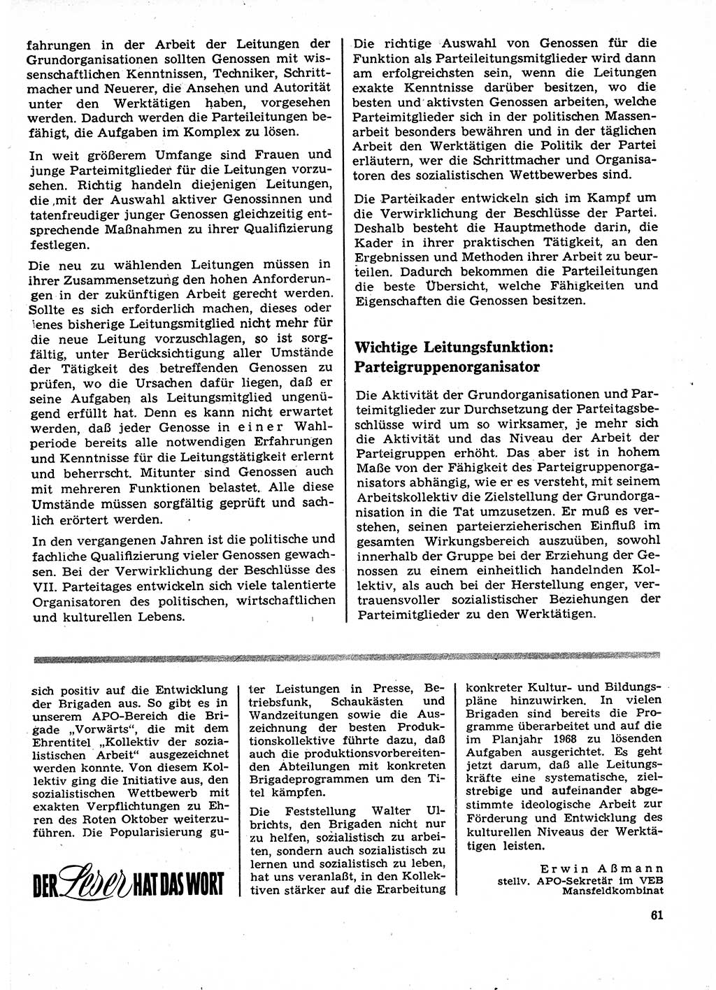 Neuer Weg (NW), Organ des Zentralkomitees (ZK) der SED (Sozialistische Einheitspartei Deutschlands) für Fragen des Parteilebens, 23. Jahrgang [Deutsche Demokratische Republik (DDR)] 1968, Seite 61 (NW ZK SED DDR 1968, S. 61)