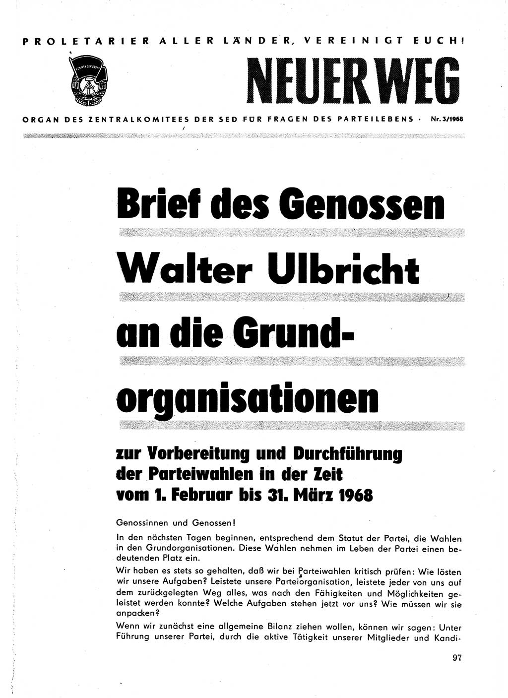 Neuer Weg (NW), Organ des Zentralkomitees (ZK) der SED (Sozialistische Einheitspartei Deutschlands) für Fragen des Parteilebens, 23. Jahrgang [Deutsche Demokratische Republik (DDR)] 1968, Seite 97 (NW ZK SED DDR 1968, S. 97)