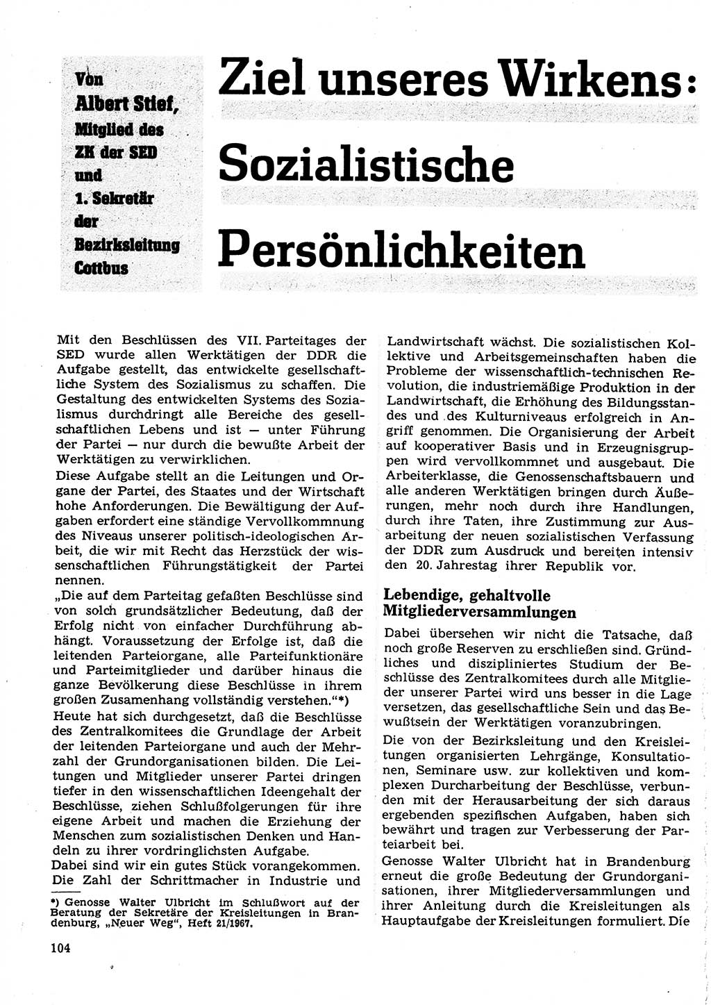 Neuer Weg (NW), Organ des Zentralkomitees (ZK) der SED (Sozialistische Einheitspartei Deutschlands) für Fragen des Parteilebens, 23. Jahrgang [Deutsche Demokratische Republik (DDR)] 1968, Seite 104 (NW ZK SED DDR 1968, S. 104)