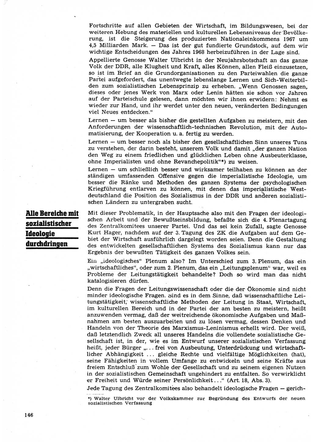 Neuer Weg (NW), Organ des Zentralkomitees (ZK) der SED (Sozialistische Einheitspartei Deutschlands) für Fragen des Parteilebens, 23. Jahrgang [Deutsche Demokratische Republik (DDR)] 1968, Seite 146 (NW ZK SED DDR 1968, S. 146)