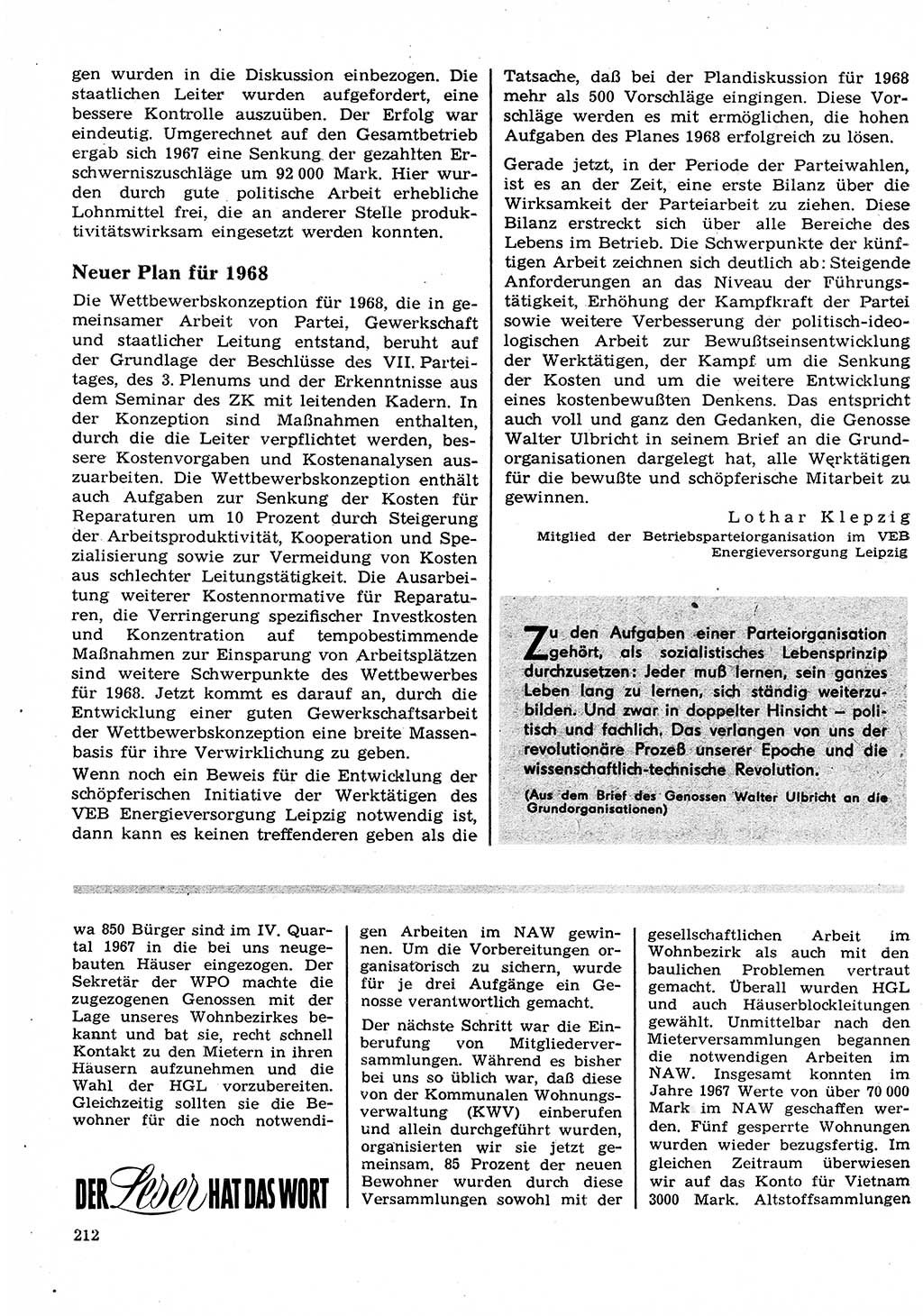 Neuer Weg (NW), Organ des Zentralkomitees (ZK) der SED (Sozialistische Einheitspartei Deutschlands) für Fragen des Parteilebens, 23. Jahrgang [Deutsche Demokratische Republik (DDR)] 1968, Seite 212 (NW ZK SED DDR 1968, S. 212)