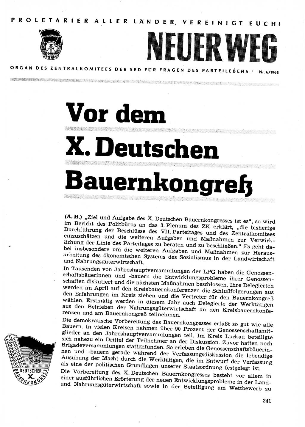 Neuer Weg (NW), Organ des Zentralkomitees (ZK) der SED (Sozialistische Einheitspartei Deutschlands) für Fragen des Parteilebens, 23. Jahrgang [Deutsche Demokratische Republik (DDR)] 1968, Seite 241 (NW ZK SED DDR 1968, S. 241)